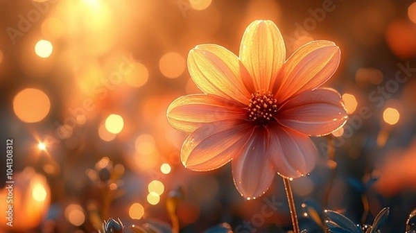 Fototapeta A single pink flower with delicate petals blooms in a field of blurred bokeh lights, creating a soft and dreamy ambiance.