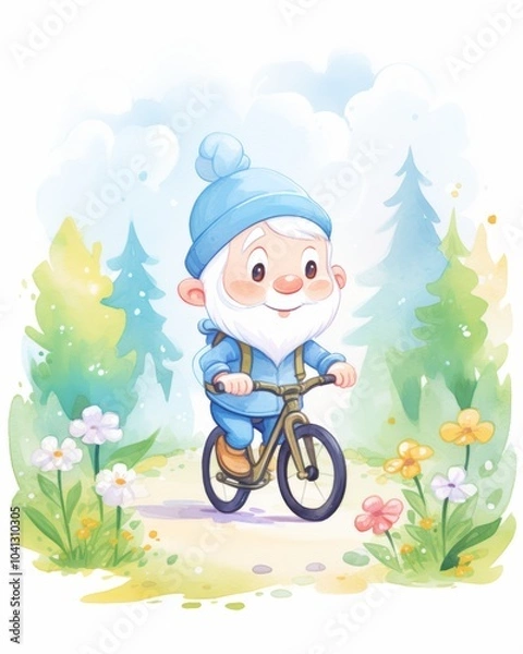 Fototapeta A cheerful gnome rides a bicycle through a colorful forest, surrounded by flowers and trees, enjoying a beautiful day outdoors.