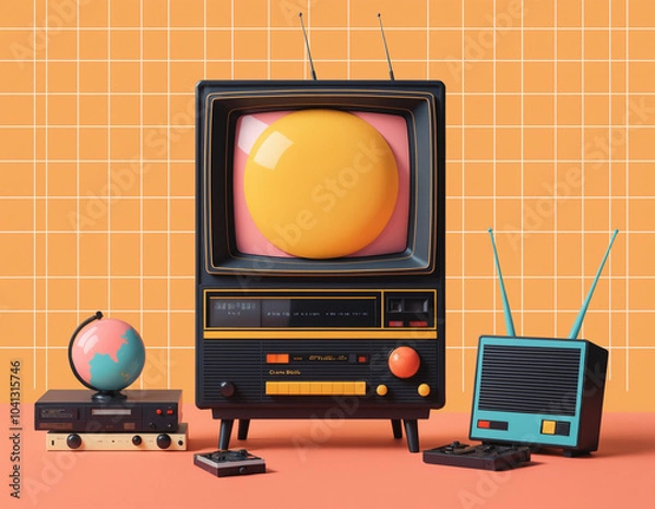 Fototapeta Retro TV set illustration featuring a vintage design, showcasing an old television screen as an icon of classic technology and media