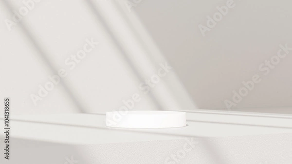 Fototapeta Minimalistic, simple, and light background for product presentation. Streaming sunlight casts soft shadows from a window onto a white-gray wall and floor, creating a clean and elegant atmosphere.