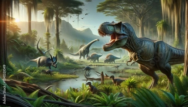 Obraz Realistic Digital Artwork of a Prehistoric Scene with Roaring Tyrannosaurus Rex, Grazing Herbivorous Dinosaurs, Lush Swampy Landscape, Flying Pterosaurs, and Distant Mountain Range