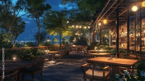 Fototapeta Building terrace with wooden tables and chairs, setting a cozy outdoor atmosphere ideal for evening relaxation.