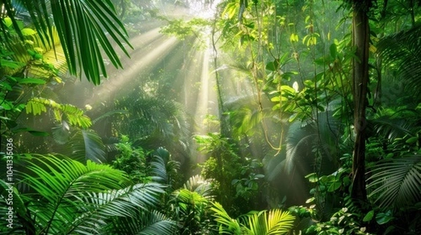 Fototapeta Dense Jungle with Vines and Light Rays Through Trees