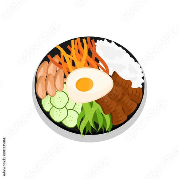 Obraz Illustration of Bibimbap, a typical Korean food, mixed rice with various toppings such as vegetables, meat and eggs, served with gochujang sauce.