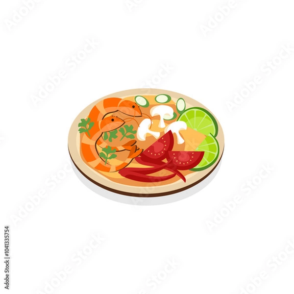 Obraz An illustration of Tom Yum, a typical Thai dish, a famous spicy and sour soup with fresh flavors from lemongrass, kaffir lime leaves, and chilies, usually served with shrimp or chicken.