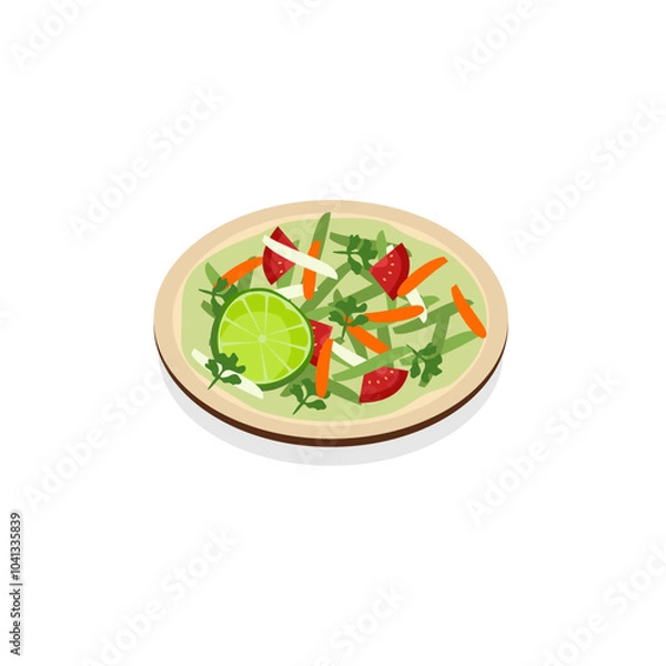 Obraz An illustration of Som Tum, a typical Thai dish of fresh and spicy young papaya salad, mixed with long beans, tomatoes, and fish sauce.