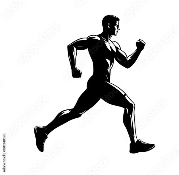 Fototapeta Isolated black and white vector illustration of a runner practicing running on a white background.