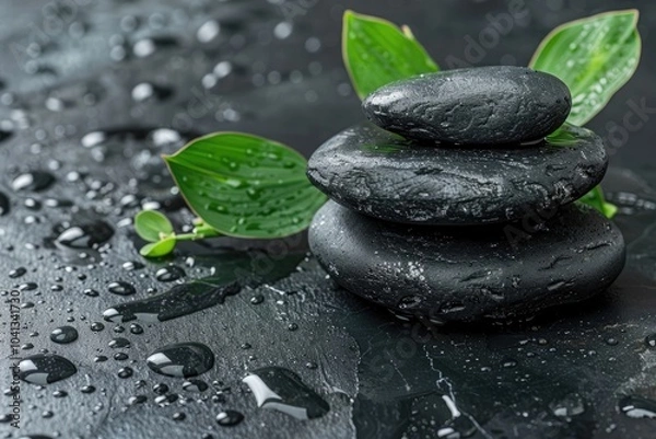 Fototapeta Black stones stacked on top of each other, with green bamboo leaves and water drops in the background