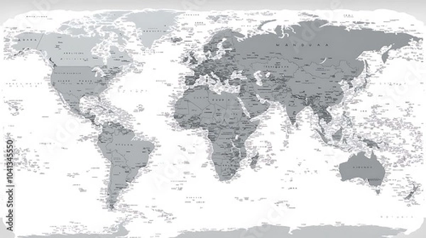 Fototapeta World Map - Gray Scale: A detailed, minimalist world map in grayscale, showcasing the intricate outlines of continents and countries. Perfect for educational presentations, travel brochures.