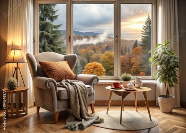 Fototapeta Cozy Corner Living Room with Window View, Overcast Sky, Comfortable Seating, Warm Decor, Relaxing Atmosphere, Home Interior, Natural Light, Soft Textures, Inviting Space