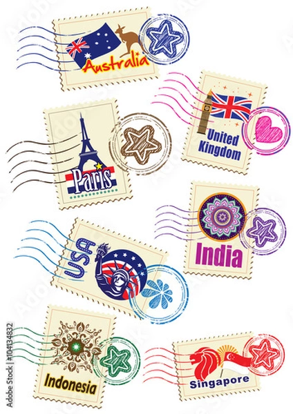 Fototapeta Landmarks stamps set