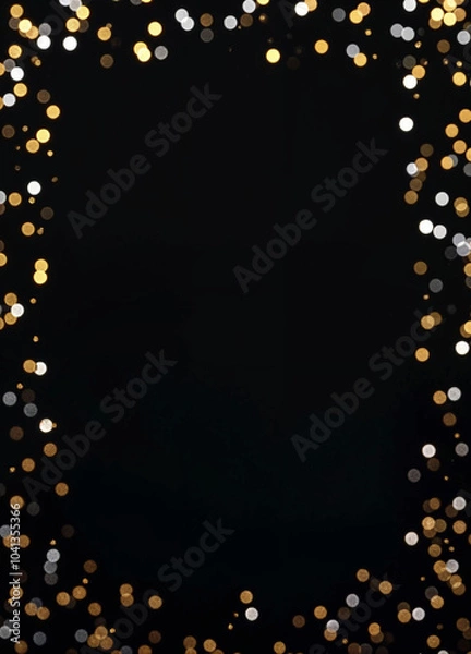 Fototapeta golden and silver confetti are arranged on black background with central space on it