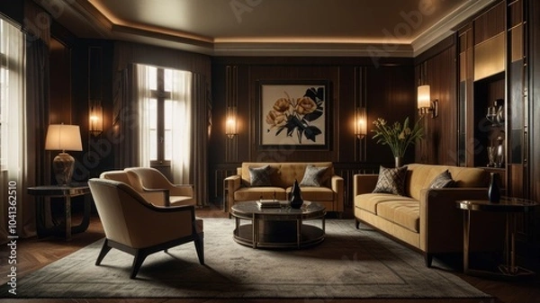 Fototapeta A luxuriously furnished living room with dark wood paneling, a large window, and a plush sofa and armchairs.