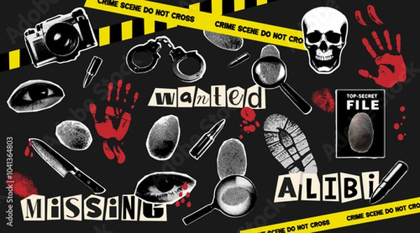 Fototapeta Crime scene halftone collage illustrations. Trending elements for collage crime investigation, detective. Fingerprints, magnifying glass, bullet, footprints, knife, eyes, skull, camera, crime tape