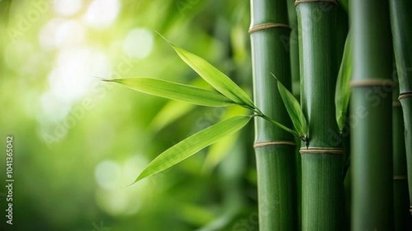 Fototapeta Close-up of bamboo stalks with vibrant green leaves, depicting a natural and serene environment with soft bokeh background.