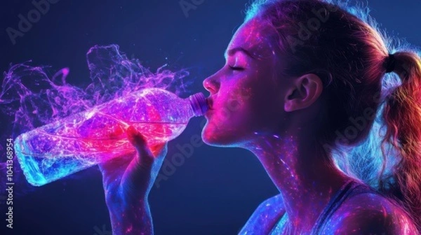 Fototapeta A woman drinking from a bottle in an abstract, neon-colored artwork with dynamic energy lines, symbolizing health, fitness, and an active lifestyle.