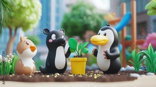 Obraz Cute Animals Planting Together in a Colorful Garden