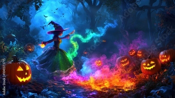 Fototapeta A playful witch casting colorful spells in a neon Halloween forest, with glowing pumpkins and rainbow-colored smoke swirling around.