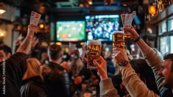 Obraz A bar full of fans with beer mugs in their hands and waving their arms excitedly