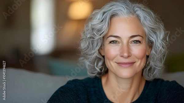 Fototapeta Smiling middle aged woman with curly gray hair relaxing comfortably on sofa in a warm cozy living room setting and looking at the with a friendly content expression