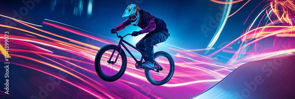 Fototapeta BMX Bike Rider Hovering in Mid-Air Above a Ramp, Surrounded by Neon Trails and Motion Lines 