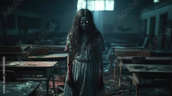 Fototapeta Scary ghost girl with hollow eyes and a spectral appearance, set against a dimly lit, abandoned school with broken desks and an unsettling ambiance.