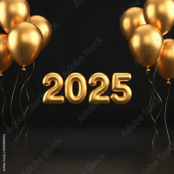 Fototapeta Gold 2025 numbers with golden balloons on a black background. Ideal for New Year’s event promotions, holiday cards, or celebratory party invitations for festive New Year celebrations and gatherings.