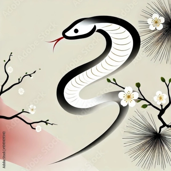 Fototapeta An elegant, minimalist Japanese New Year card for 2025, Year of the Snake, with traditional art. 2025年の蛇年を祝う、伝統的な美術を取り入れたエレガントでミニマルな年賀状デザイン。