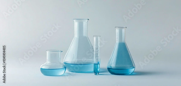 Fototapeta Three blue glass flasks with different shapes and sizes, one large beaker filled with light blue liquid.