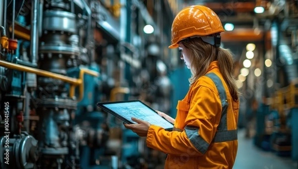 Fototapeta Female Engineer Using Digital Tablet in a Heavy Industry Factory. Concept of Industry 4.0, automation, and innovation.