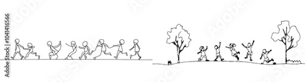 Fototapeta Little students group enjoying school finish in continuous line drawing