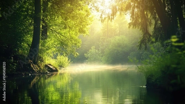Obraz Serene forest lake surrounded by lush green trees in the morning offering a charming and picturesque view