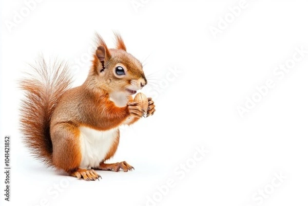 Fototapeta Charming squirrel enjoying a nut on a clean white background