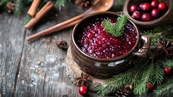 Fototapeta Cranberry sauce in a ceramic saucepan accompanied by cooking ingredients and decorated with fir branches on a rustic wooden table perfect for festive occasions