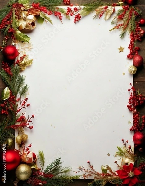Fototapeta christmas greeting card frame with fir, hollys and baubles
