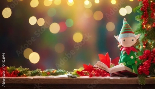 Fototapeta Elf on shelf Christmas background frame