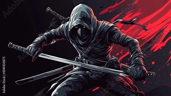 Fototapeta A hooded ninja warrior with two katanas, stands in a dark, red-tinged environment, poised for action.