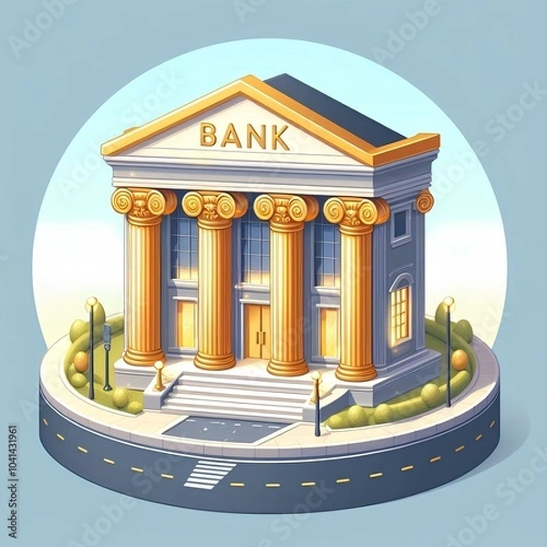 Fototapeta Bank building with golden 'bank' sign symbolizing financial institutions and services.