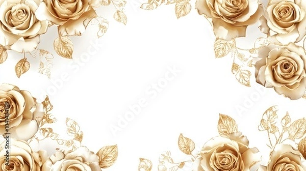 Obraz A white background with a border of gold roses and leaves.