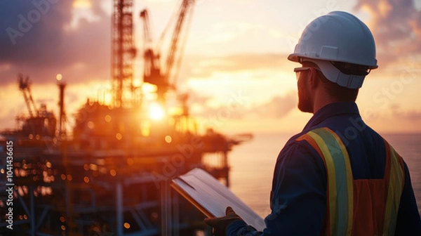 Fototapeta worker in safety gear observes offshore oil rig during sunset, ensuring equipment is in optimal condition. scene captures dedication and vigilance required in industry