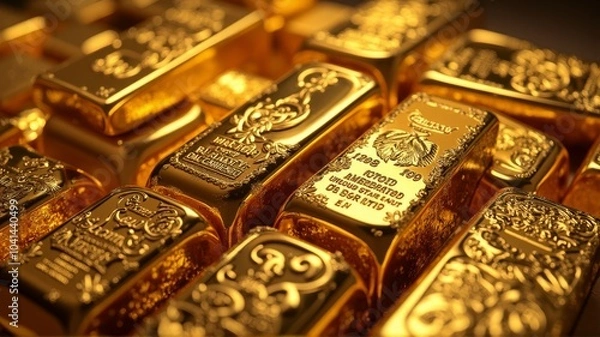 Obraz gold bullion and rise of gold prices gold, 3d, business, cube, square, block, bar, box, design, metal, pattern, illustration, golden, ingot, wealth, concept, cubes, texture, group, wallpapewith charts