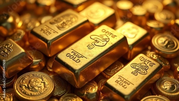 Obraz gold bullion and rise of gold prices gold, 3d, business, cube, square, block, bar, box, design, metal, pattern, illustration, golden, ingot, wealth, concept, cubes, texture, group, wallpapewith charts