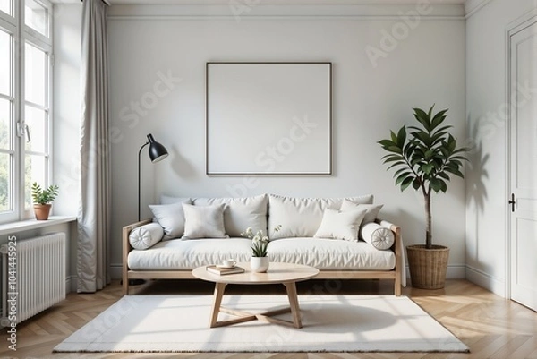 Fototapeta A Stylish and Modern Living Room with a Plush Sofa and Beautiful Natural Elements in it