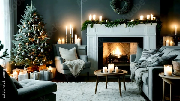 Fototapeta Cozy Christmas living room with a burning fire, an elegant fireplace, a white mantel with candles and evergreen garland, a festive wreath, a decorated Christmas tree with lights and ornaments,