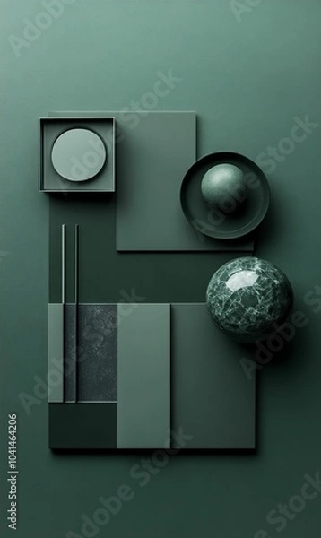 Fototapeta Abstract green geometric shapes and spheres.
