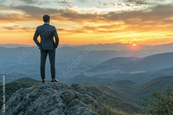 Fototapeta A businessman in a suit standing on top of a mountain peak, overlooking a beautiful landscape at sunrise or sunset, symbolizing the concept of success and achievement. 