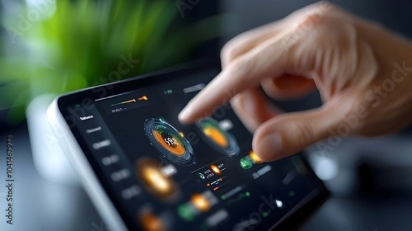 Fototapeta Sleek and Futuristic 3D Virtual Business Intelligence Dashboard Featuring a Sophisticated Technology Interface with Data Trends Analytics and Performance Metrics