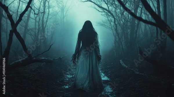 Fototapeta Eerie ghost girl with a disheveled appearance and a torn gown, set against a foggy, dark forest with twisted branches and an unsettling atmosphere.