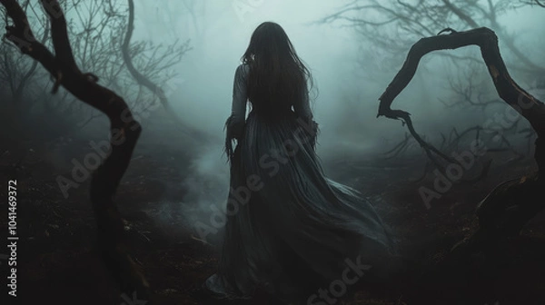 Fototapeta A woman in a long dress stands in a forest with trees and branches