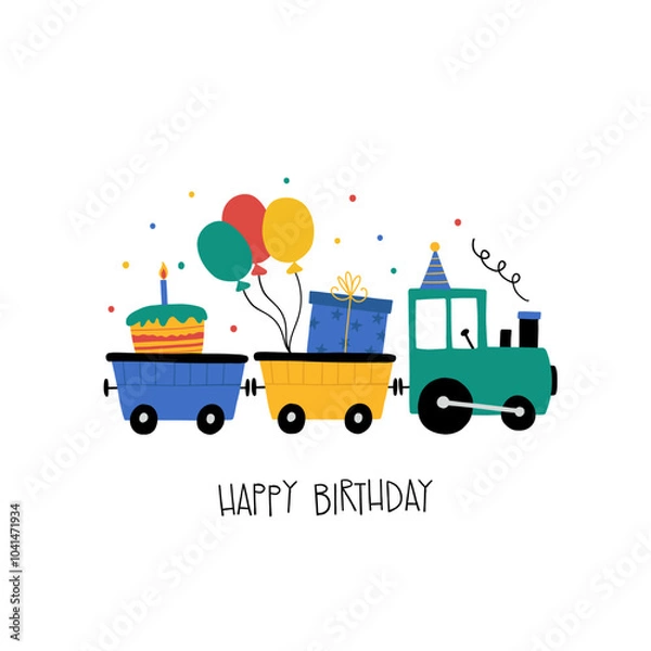 Obraz Hand drawn happy birthday card with cute cartoon car steam train with birthday cap, balls, gifts, cake and lettering Happy Birthday. Vector illustration. Good for posters, t shirts, postcards.